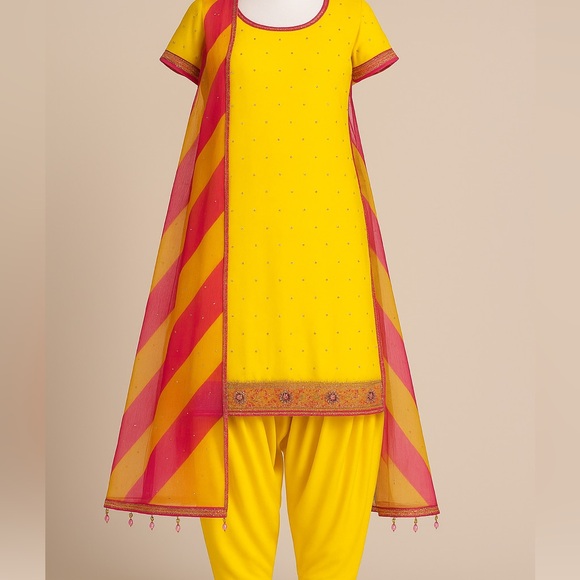 Salwar Kameez Other - Bright Yellow & Pink Embellished Salwar Suit – Size M | Brand New 3-Piece Set